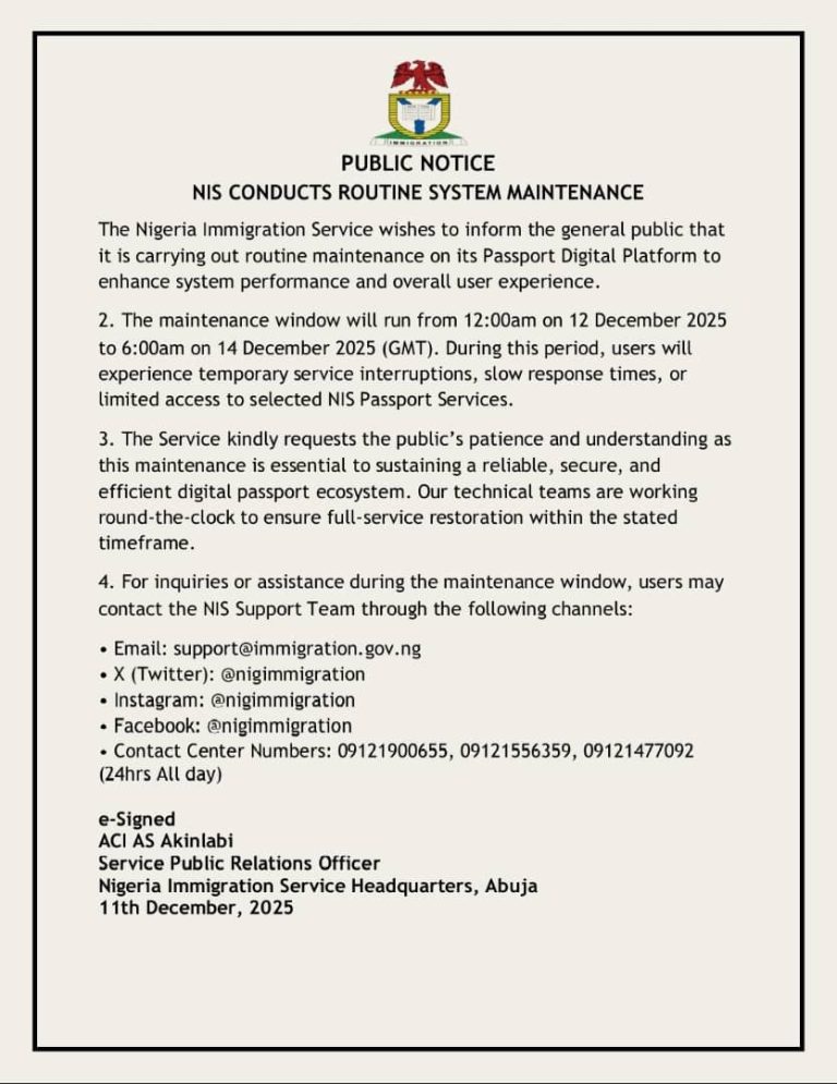 NIS Conducts Routine System Maintenance - Nigeria Immigration Service